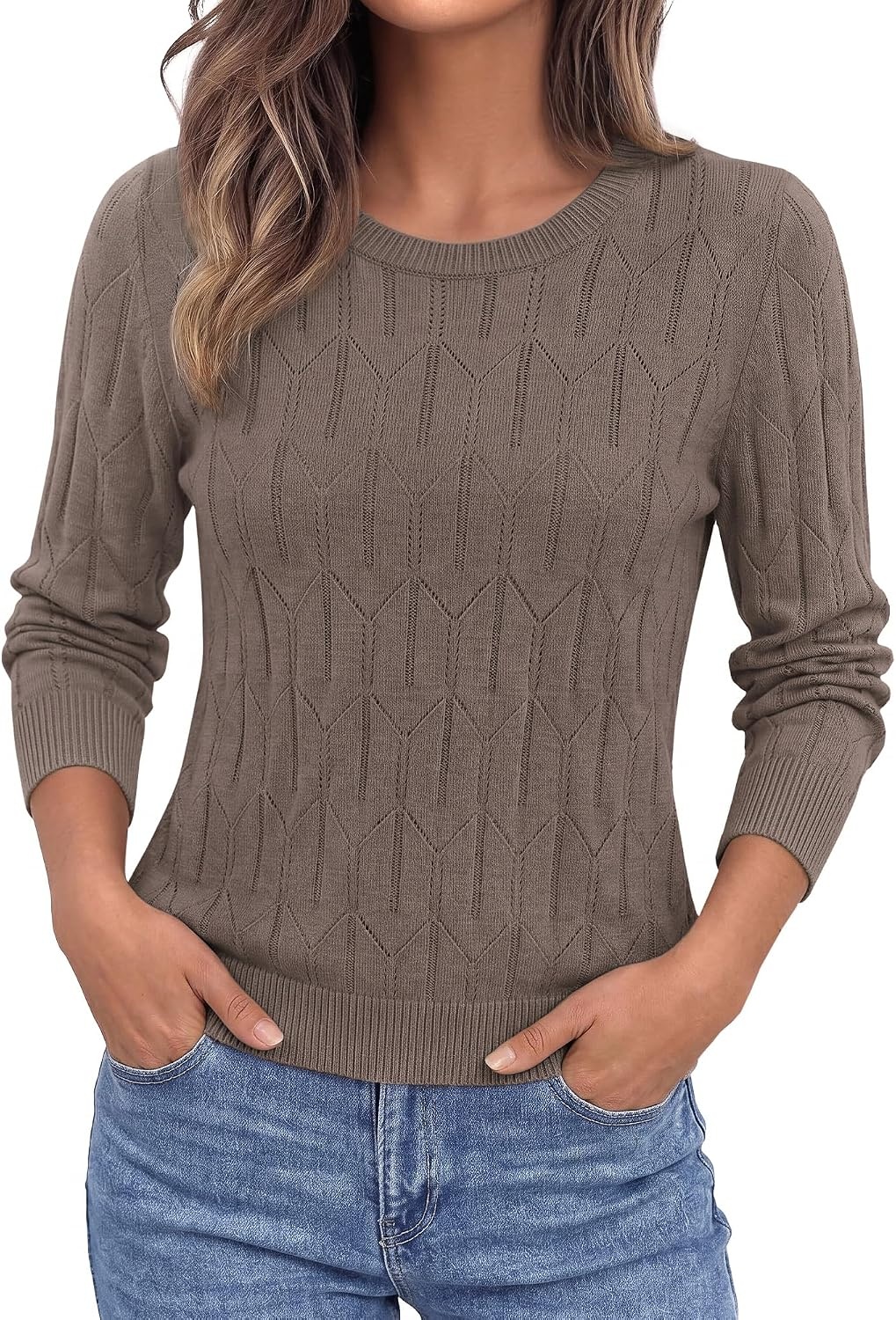 image:imageBTFBM Womens Sweaters Long Sleeve Crewneck Pullover Tops Dressy CasualDark Khaki