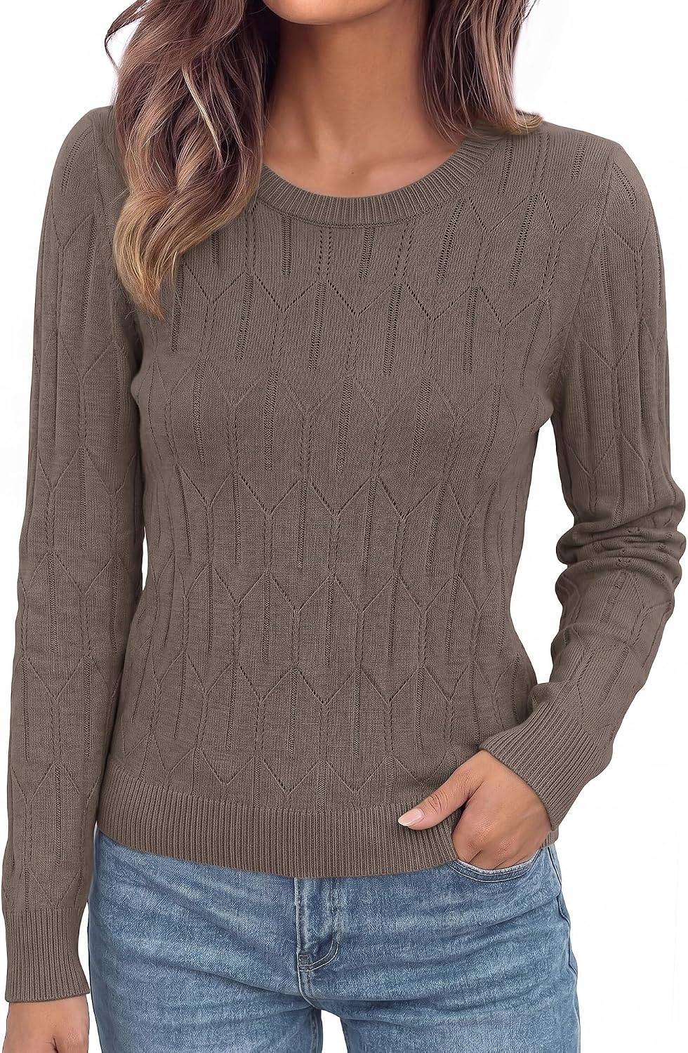 image:imageBTFBM Womens Sweaters Long Sleeve Crewneck Pullover Tops Dressy CasualDark Khaki