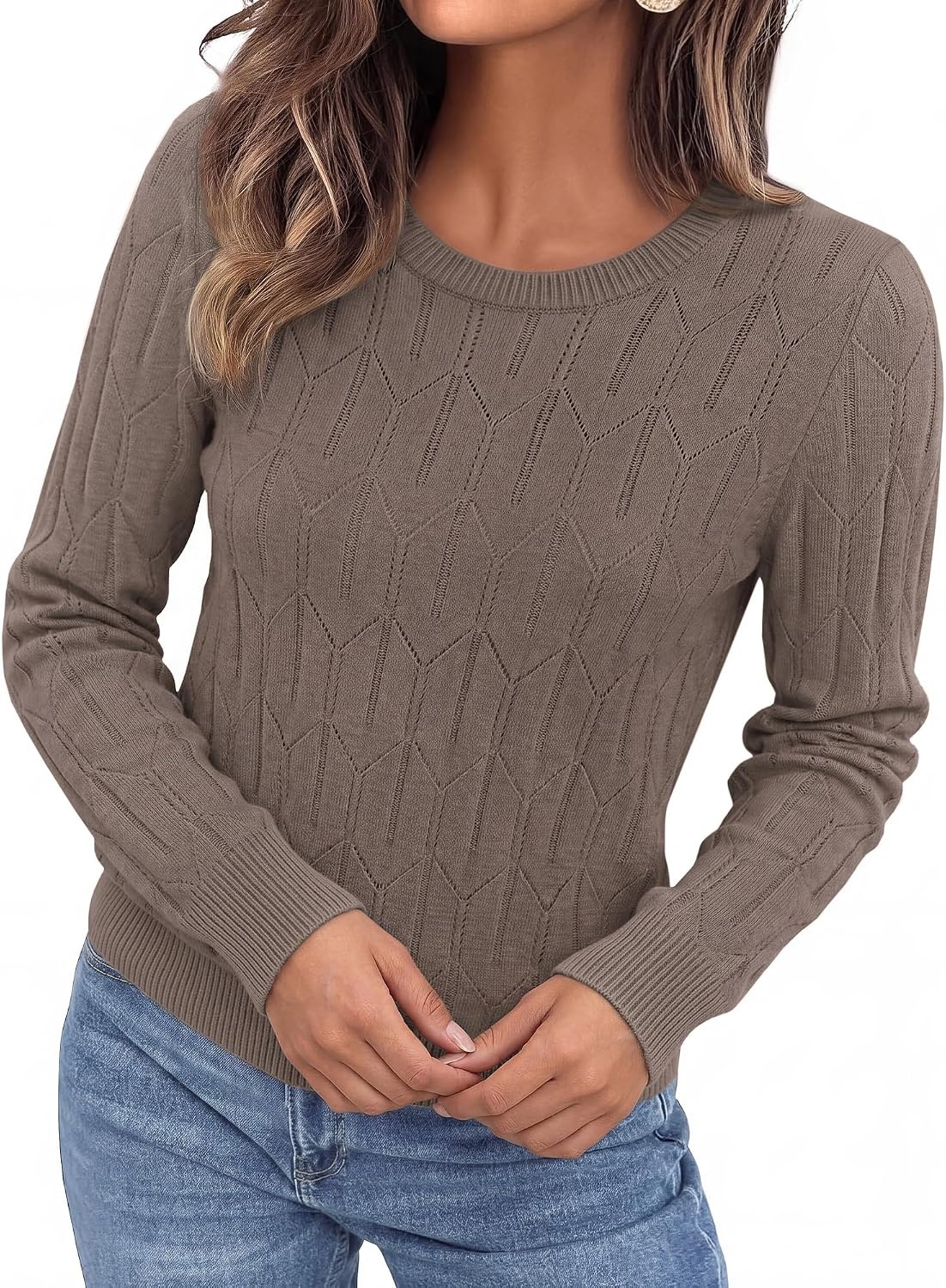 image:imageBTFBM Womens Sweaters Long Sleeve Crewneck Pullover Tops Dressy CasualDark Khaki