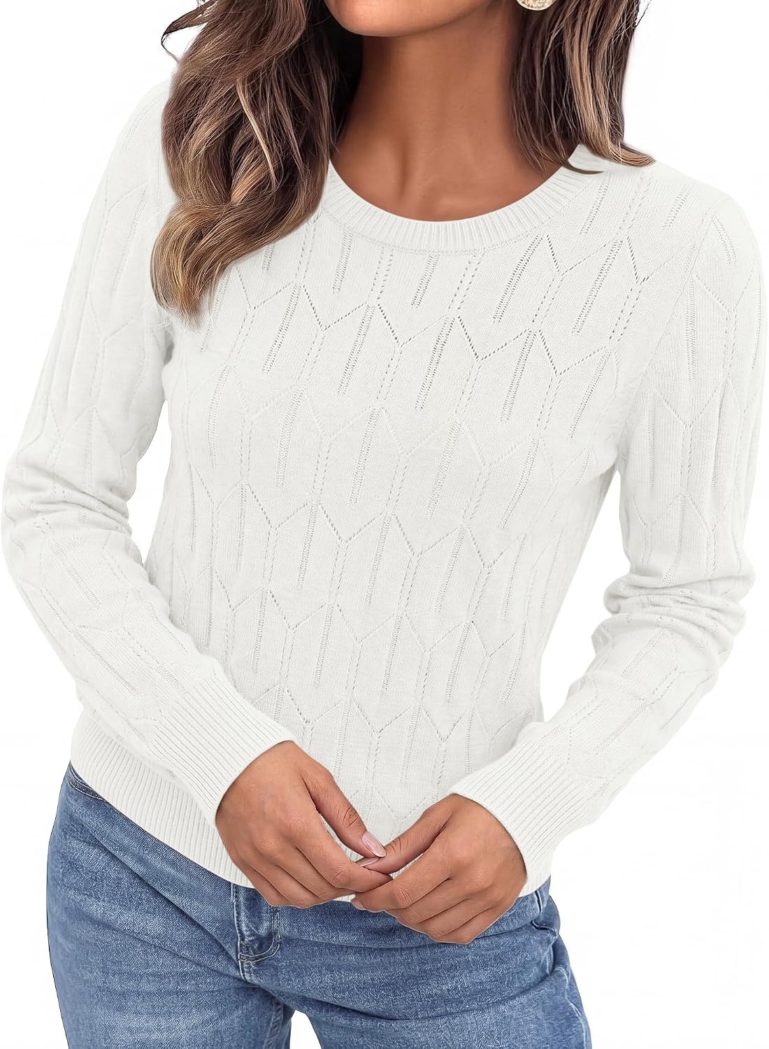 image:imageBTFBM Womens Sweaters Long Sleeve Crewneck Pullover Tops Dressy CasualWhite