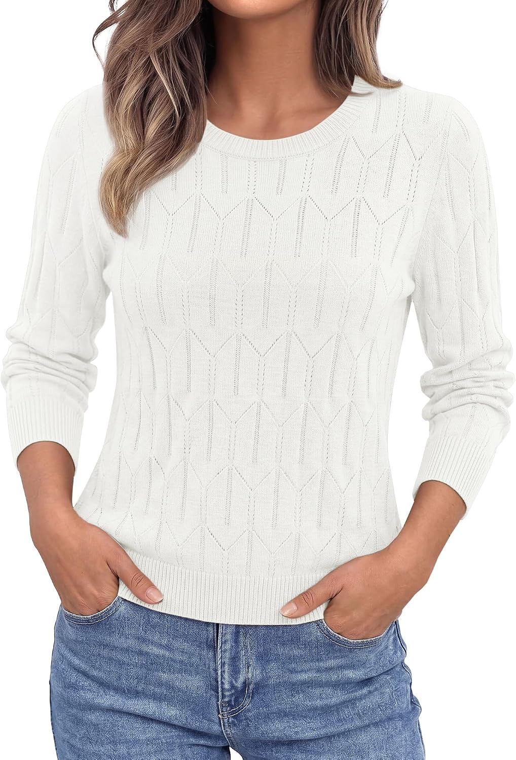 image:imageBTFBM Womens Sweaters Long Sleeve Crewneck Pullover Tops Dressy CasualWhite