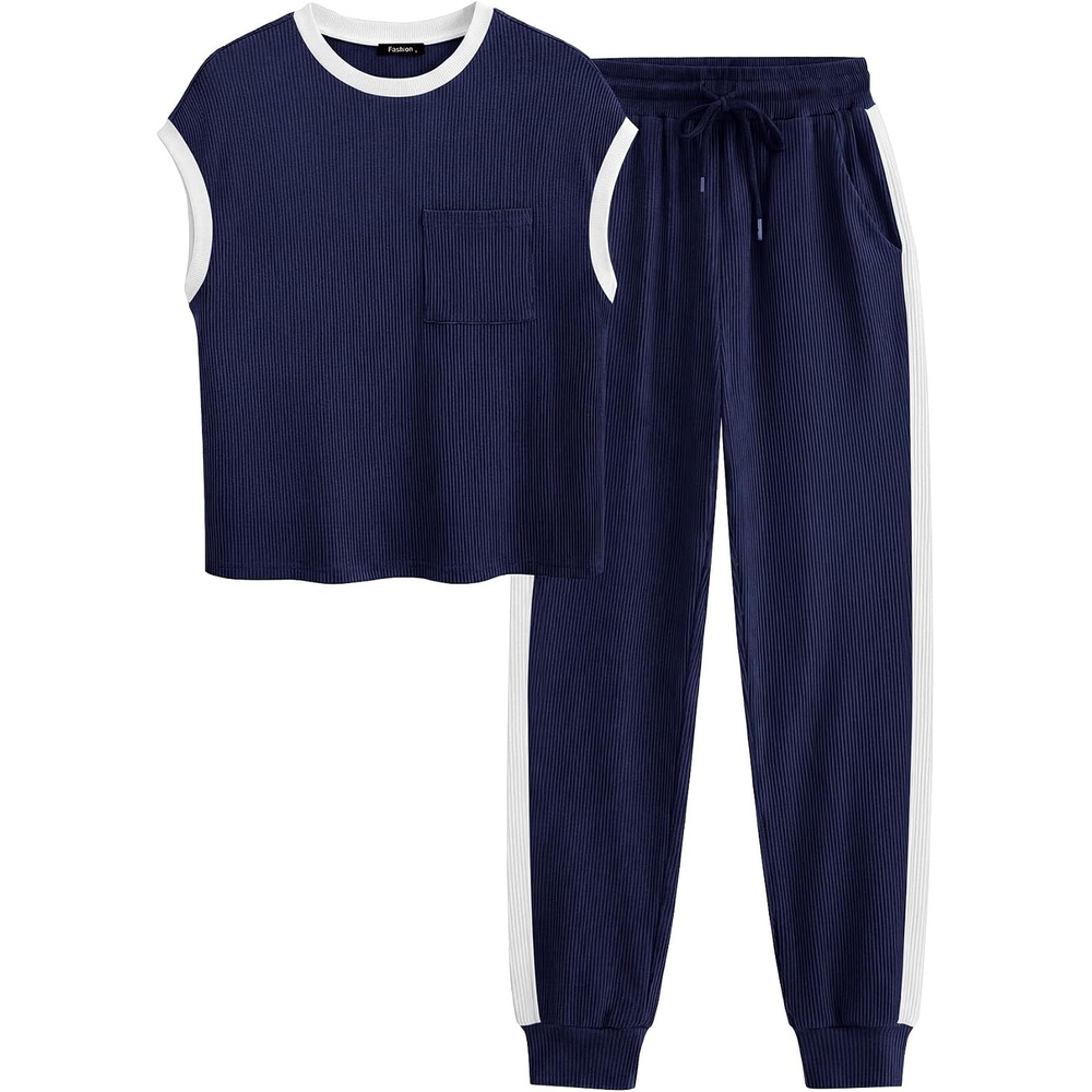 image:imageBTFBM 2 Piece Sets For Women Summer Lounge Set Airport Outfits TracksuitA Navy