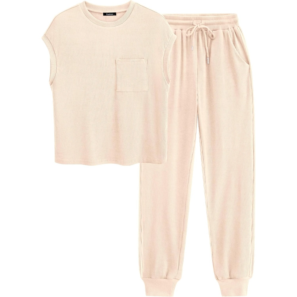 image:imageBTFBM 2 Piece Sets For Women Summer Lounge Set Airport Outfits TracksuitApricot