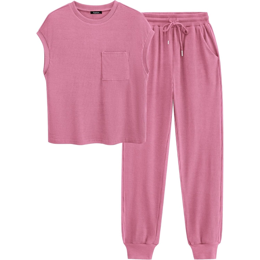image:imageBTFBM 2 Piece Sets For Women Summer Lounge Set Airport Outfits TracksuitDark Pink
