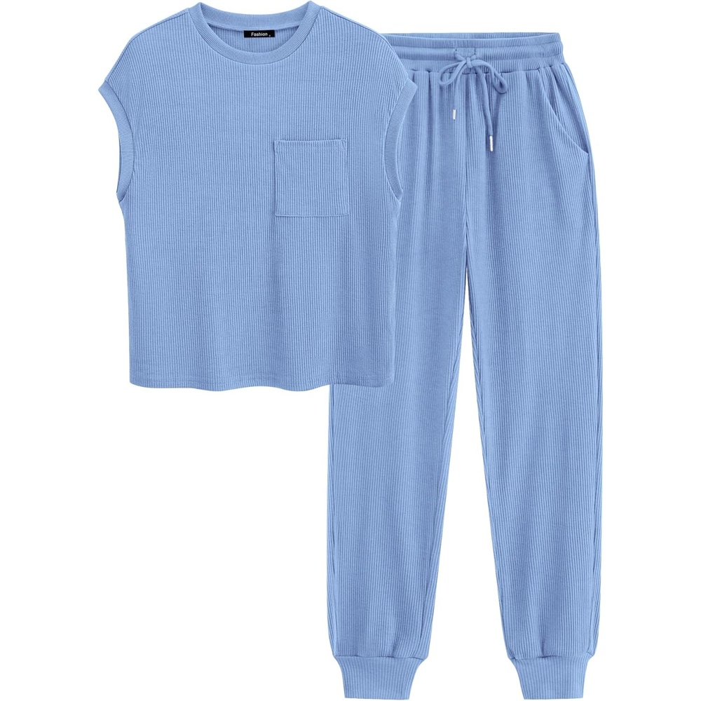 image:imageBTFBM 2 Piece Sets For Women Summer Lounge Set Airport Outfits TracksuitLight Blue