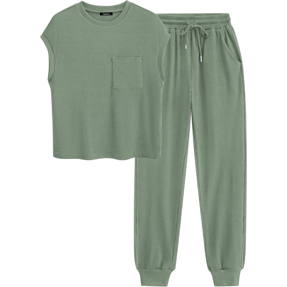 image:imageBTFBM 2 Piece Sets For Women Summer Lounge Set Airport Outfits TracksuitSage Green
