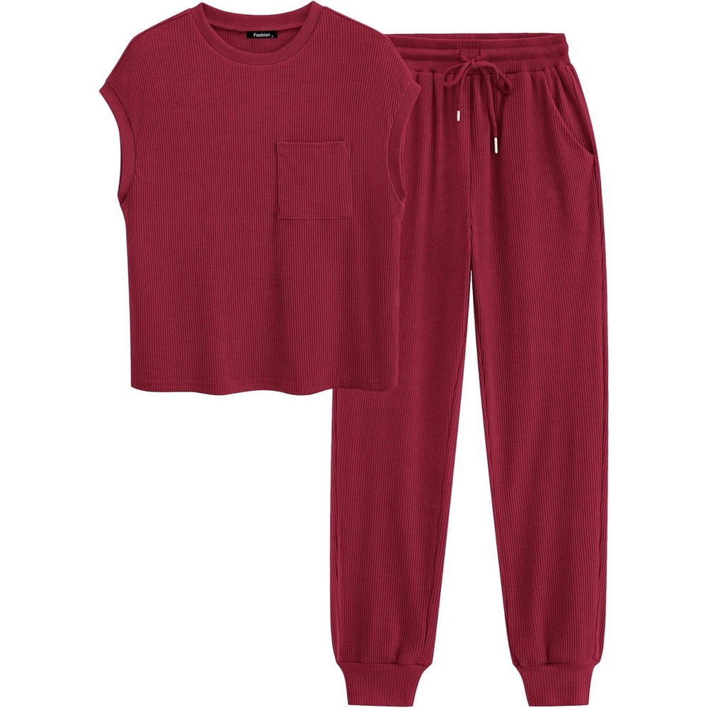 image:imageBTFBM 2 Piece Sets For Women Summer Lounge Set Airport Outfits TracksuitWine Red