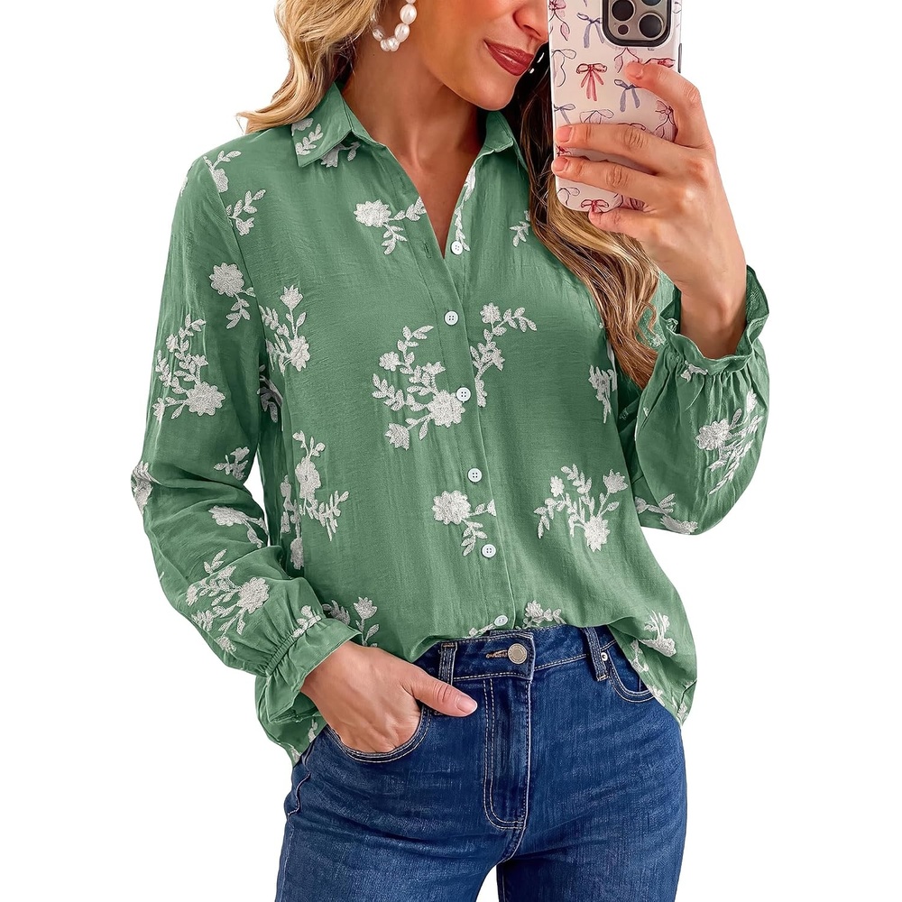image:imageBTFBM Boho Floral Embroidered Long Sleeve Blouses for Women Dressy CasualGreen