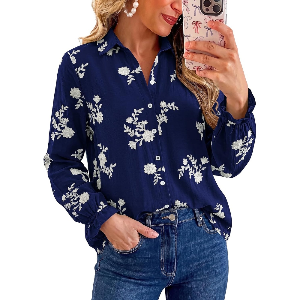 image:imageBTFBM Boho Floral Embroidered Long Sleeve Blouses for Women Dressy CasualNavy