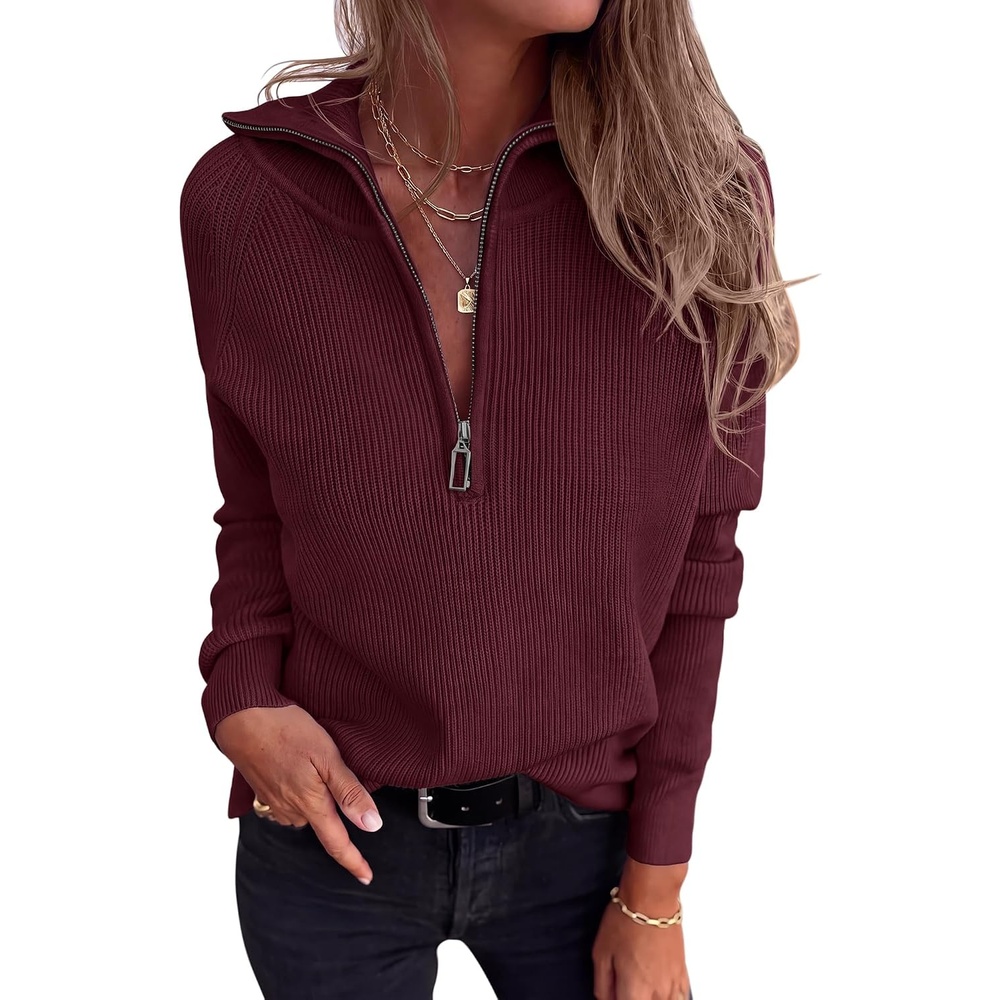 image:imageBTFBM Sweaters for Women Trendy Quarter Zip Pullover Fall Fashion ClothingBurgundy