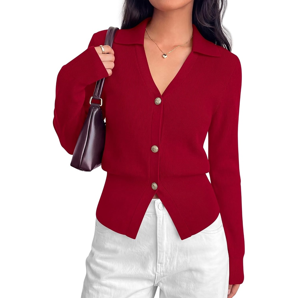 image:imageBTFBM V Neck Long Sleeve Fall Lightweight Cardigan Sweaters for Women 2026Red