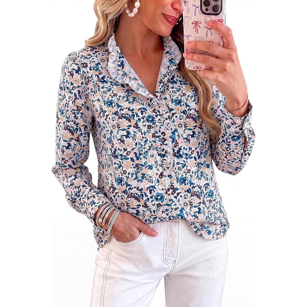 image:imageBTFBM Women Puff Long Sleeve Shirts Ruffle Collar Floral Boho TopsFloral White Yellow Blue