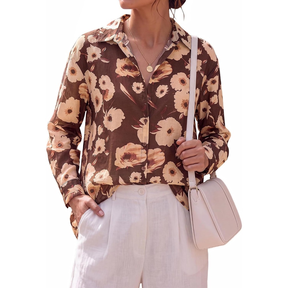 image:imageBTFBM Womens Blouses Dressy Casual Floral Long Sleeve Shirts Polka Dot TopsFloral Coffee Apricot