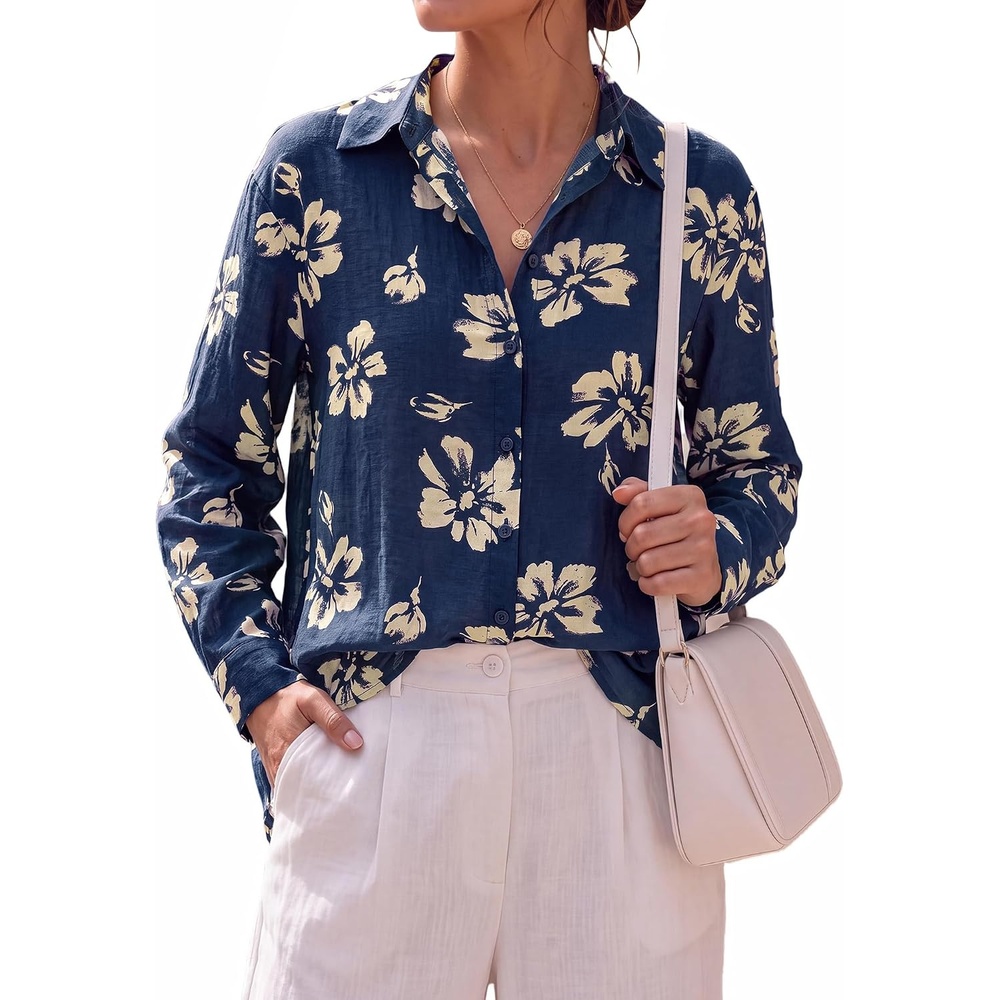 image:imageBTFBM Womens Blouses Dressy Casual Floral Long Sleeve Shirts Polka Dot TopsFloral Dark Blue Yellow