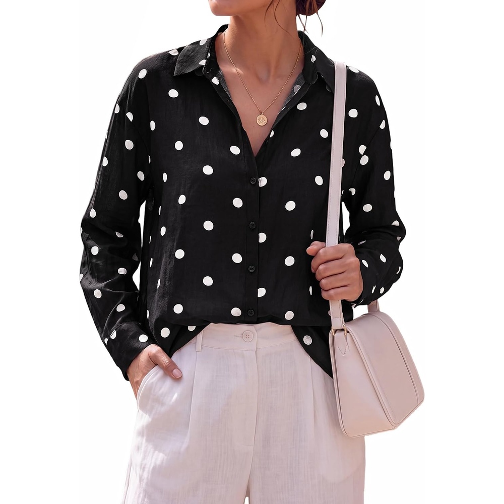 image:imageBTFBM Womens Blouses Dressy Casual Floral Long Sleeve Shirts Polka Dot TopsPolka Dot Black White