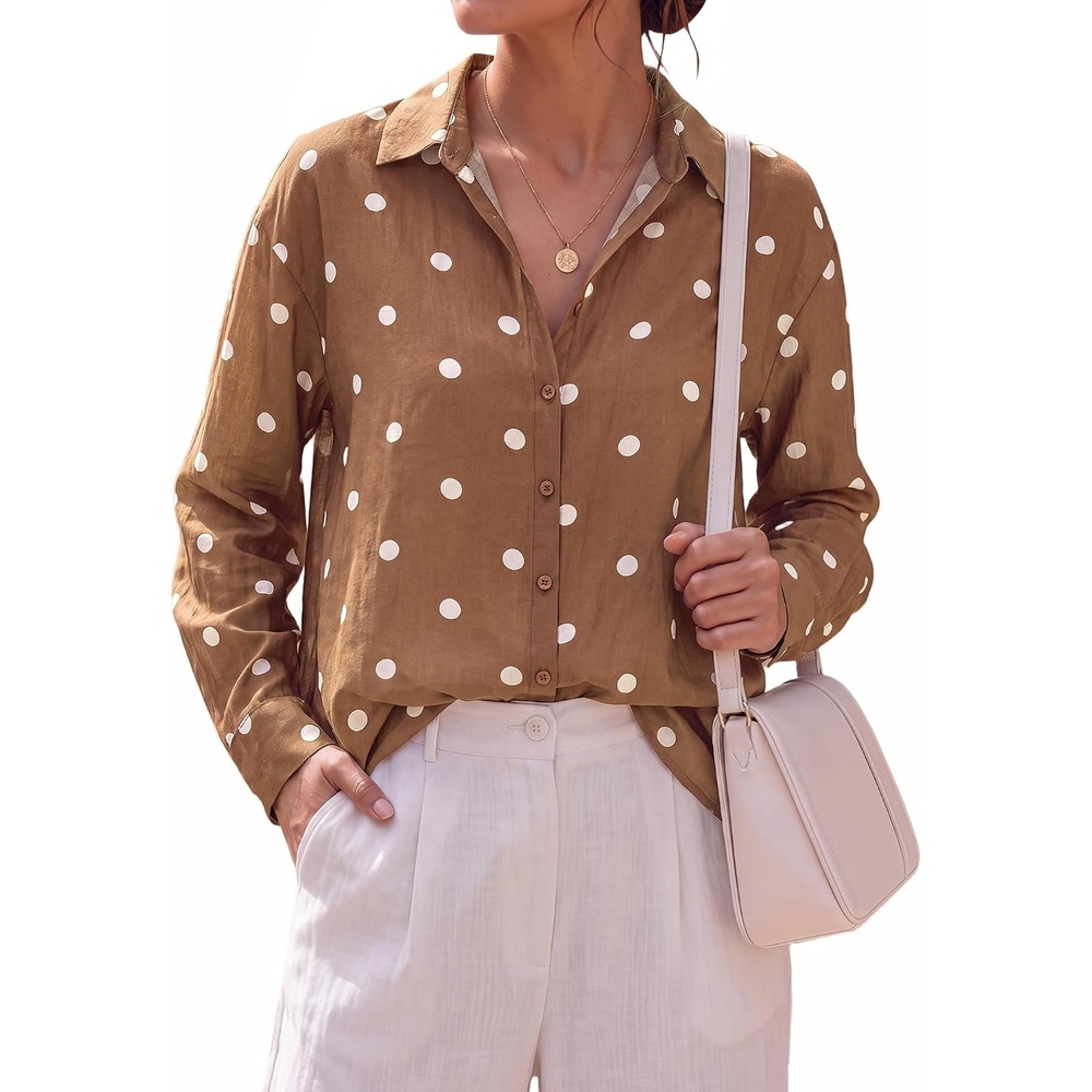 image:imageBTFBM Womens Blouses Dressy Casual Floral Long Sleeve Shirts Polka Dot TopsPolka Dot Brown White
