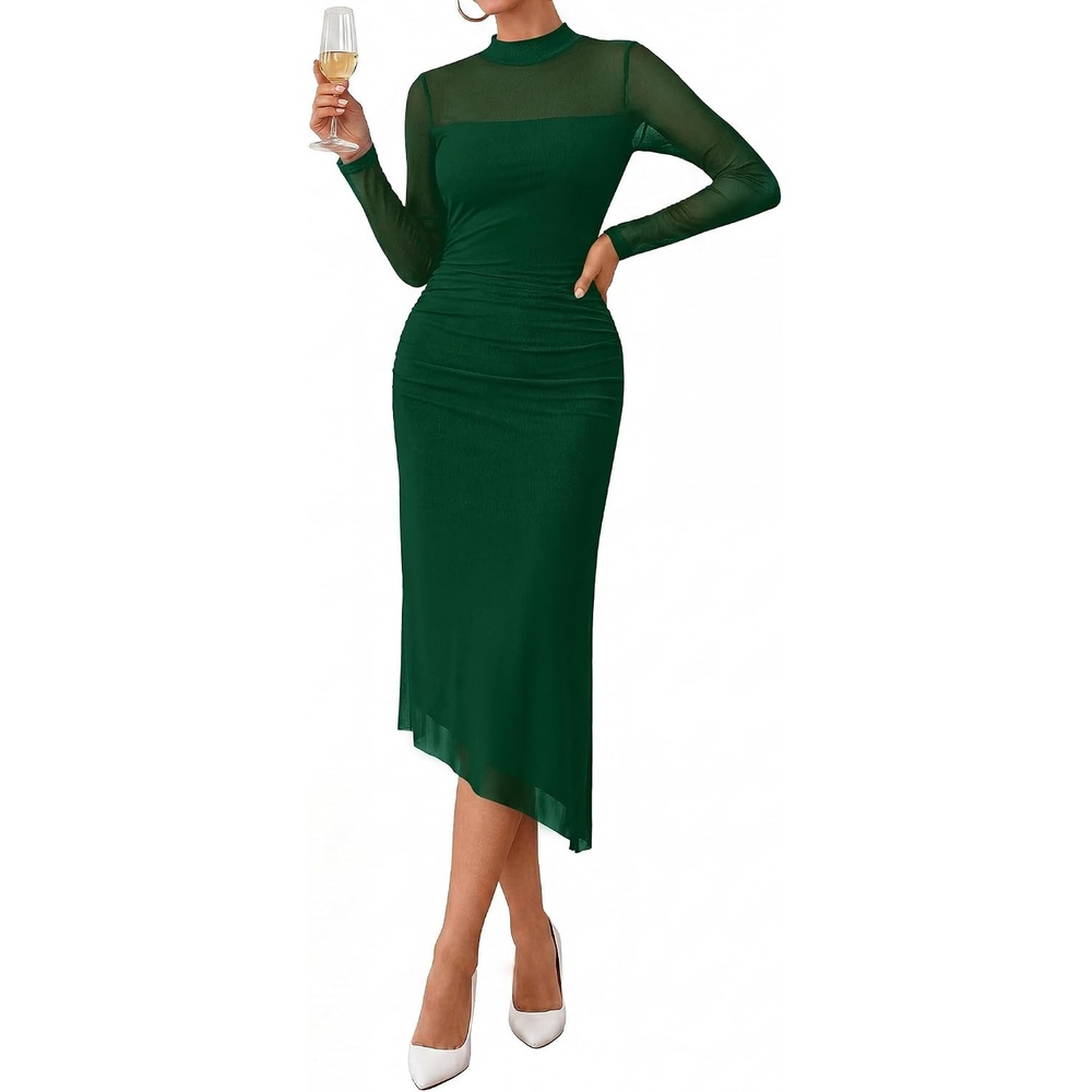 image:imageBTFBM Womens Long Sleeve Mesh Sheer Bodycon Midi DressesGreen