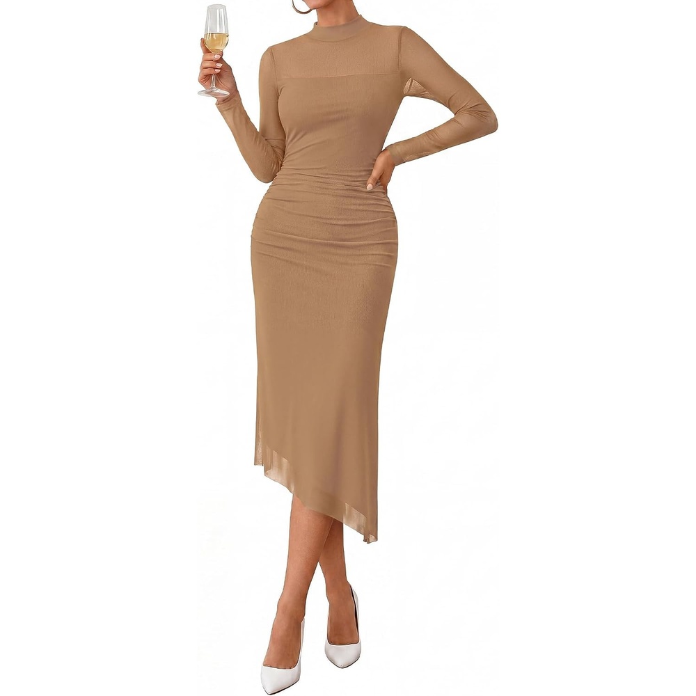 image:imageBTFBM Womens Long Sleeve Mesh Sheer Bodycon Midi DressesKhaki