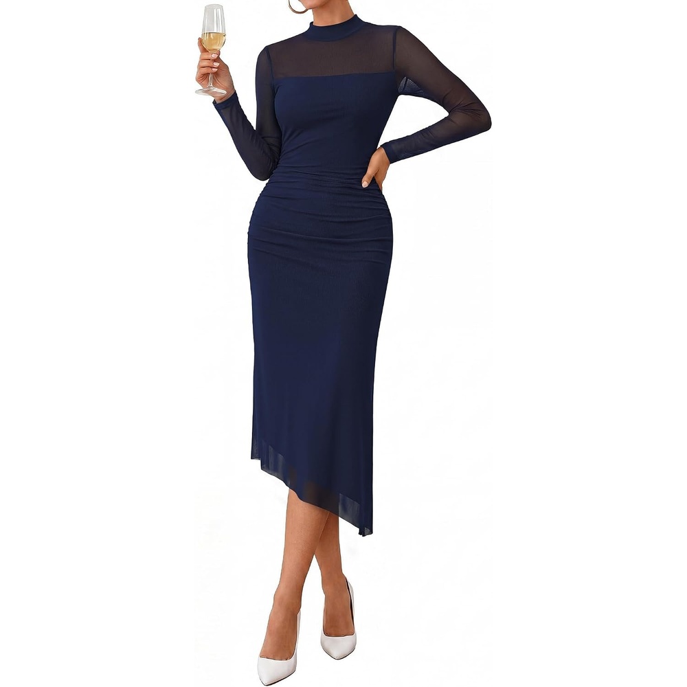image:imageBTFBM Womens Long Sleeve Mesh Sheer Bodycon Midi DressesNavy Blue