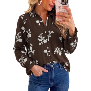BTFBM Boho Floral Embroidered Long Sleeve Blouses for Women Dressy Casual(Brown)