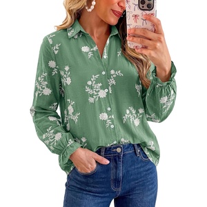 BTFBM Boho Floral Embroidered Long Sleeve Blouses for Women Dressy Casual(Green)