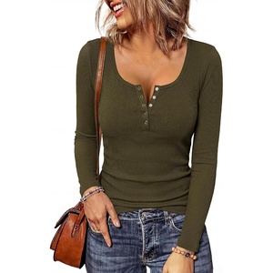 BTFBM Henley Shirts for Women Ribbed V Neck Long Sleeve Tops(Army Green)