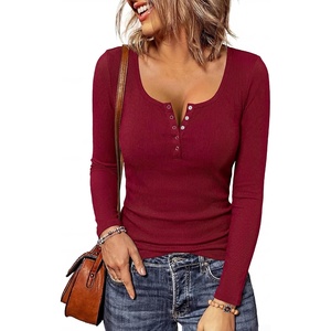 BTFBM Henley Shirts for Women Ribbed V Neck Long Sleeve Tops(Burgundy)