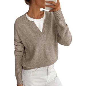 BTFBM Women Long Sleeve Crew Neck Sweaters(Grey Khaki)