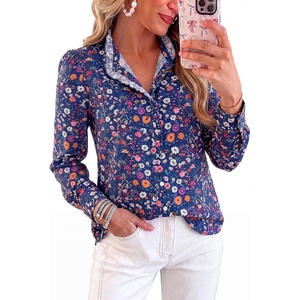 BTFBM Women Puff Long Sleeve Shirts Ruffle Collar Floral Boho Tops(Floral Blue Multicolored)