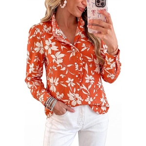 BTFBM Women Puff Long Sleeve Shirts Ruffle Collar Floral Boho Tops(Floral Brick Red White)