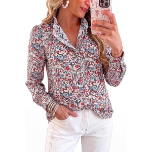 BTFBM Women Puff Long Sleeve Shirts Ruffle Collar Floral Boho Tops(Floral White Red Blue)