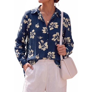 BTFBM Womens Blouses Dressy Casual Floral Long Sleeve Shirts Polka Dot Tops(Floral Dark Blue Yellow)