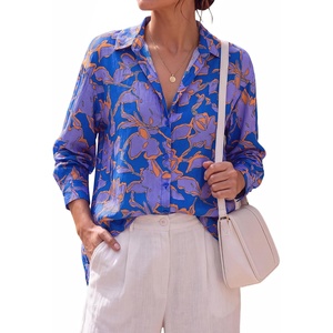 BTFBM Womens Blouses Dressy Casual Floral Long Sleeve Shirts Polka Dot Tops(Floral Royal Blue)
