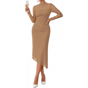 BTFBM Womens Long Sleeve Mesh Sheer Bodycon Midi Dresses(Khaki)
