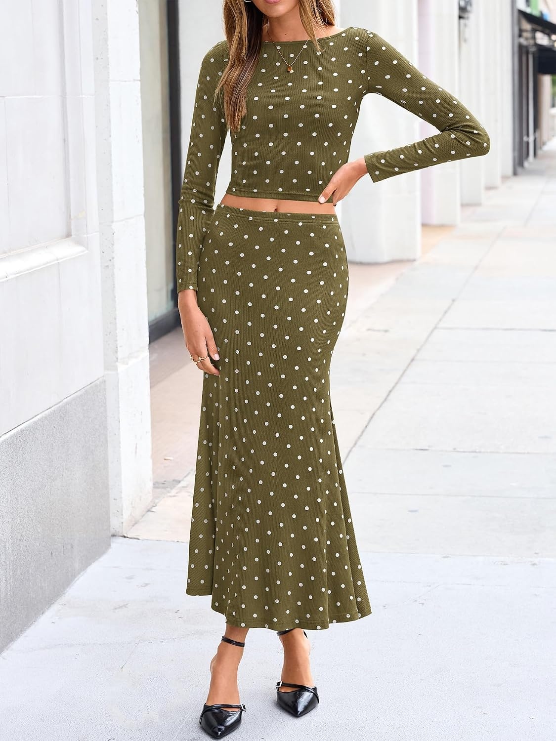 image:imageBTFBM Polka Dot Skirt Matching Sets Women Clothing Fall 2 Piece OutfitsDot Army Green White