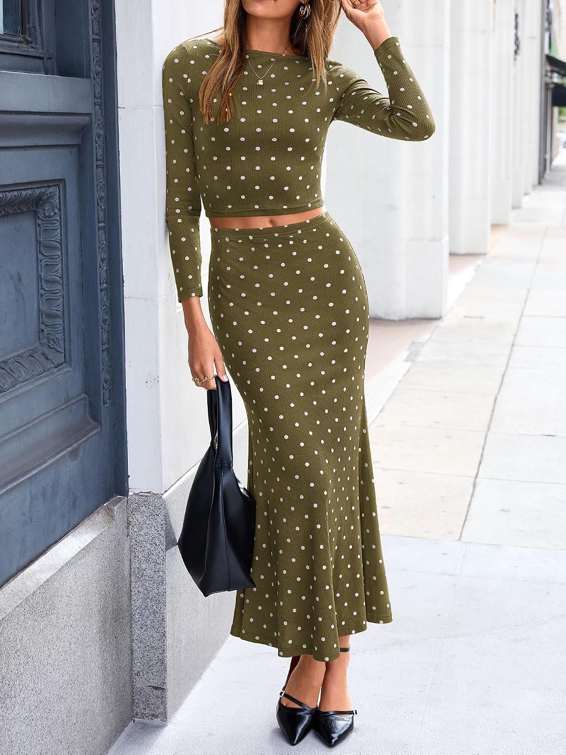 image:imageBTFBM Polka Dot Skirt Matching Sets Women Clothing Fall 2 Piece OutfitsDot Army Green White