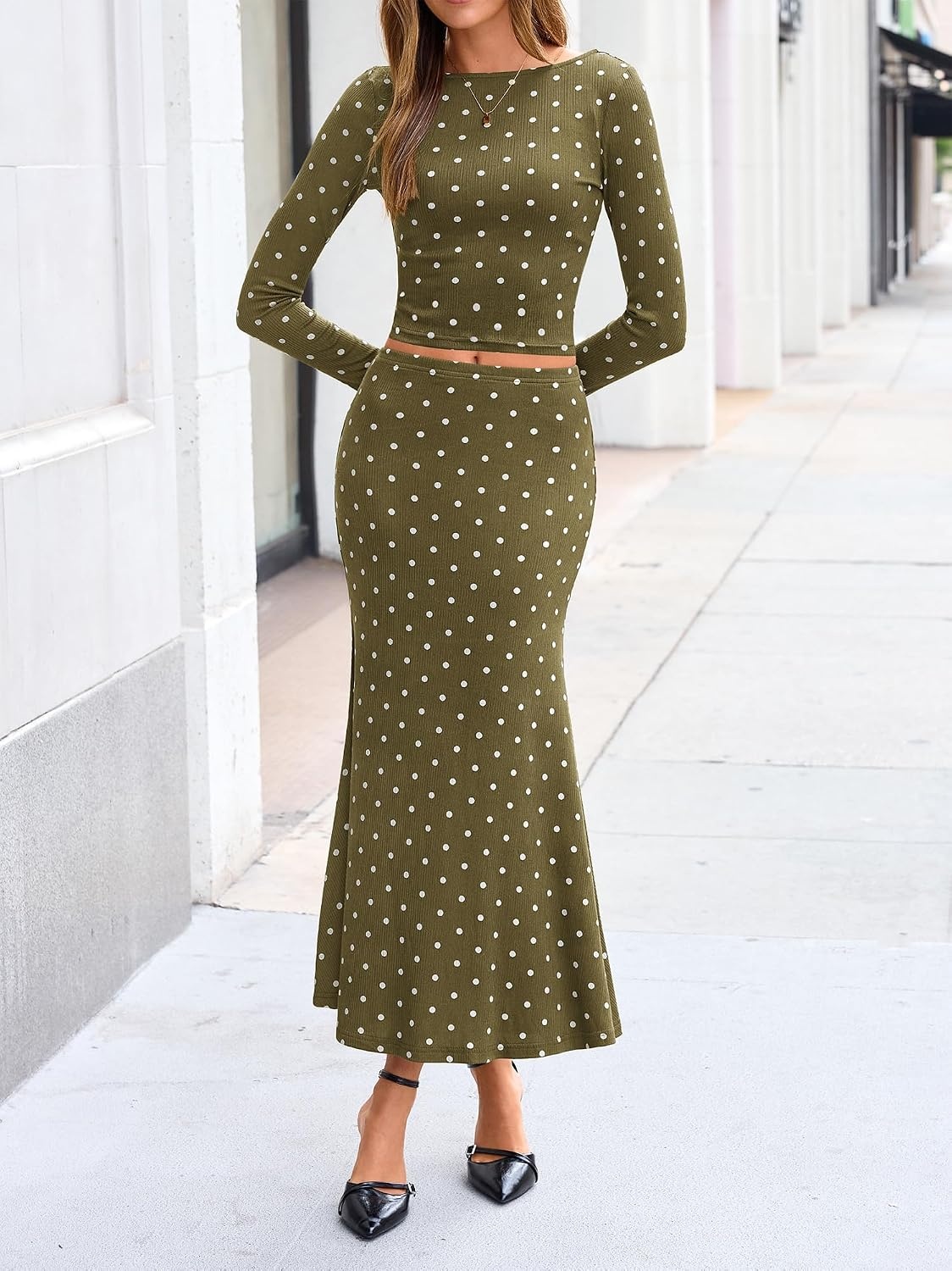 image:imageBTFBM Polka Dot Skirt Matching Sets Women Clothing Fall 2 Piece OutfitsDot Army Green White
