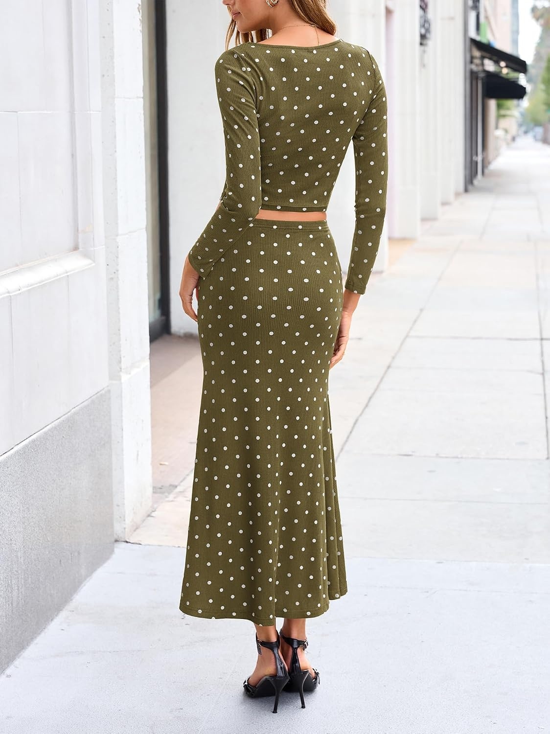 image:imageBTFBM Polka Dot Skirt Matching Sets Women Clothing Fall 2 Piece OutfitsDot Army Green White