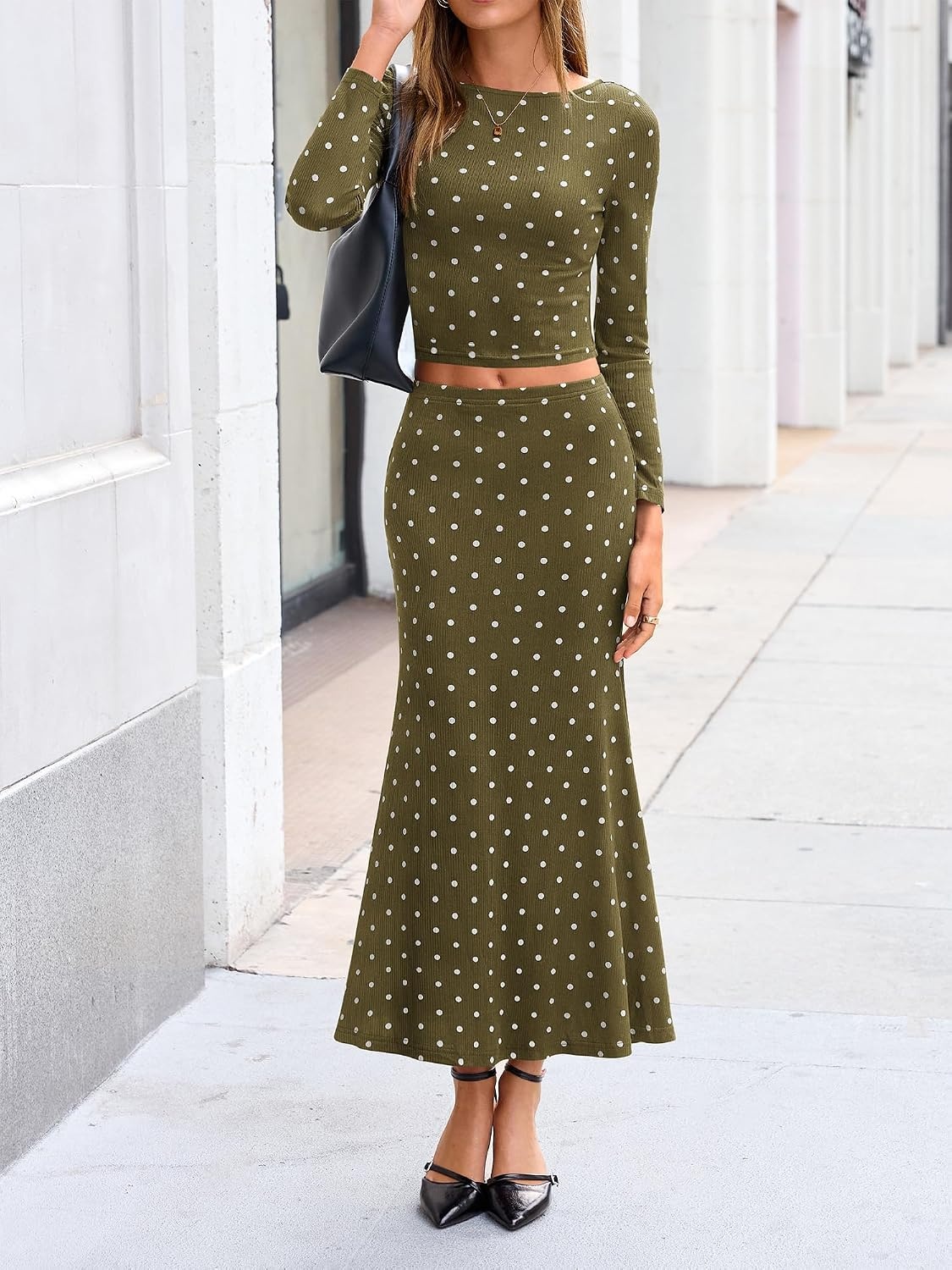 image:imageBTFBM Polka Dot Skirt Matching Sets Women Clothing Fall 2 Piece OutfitsDot Army Green White