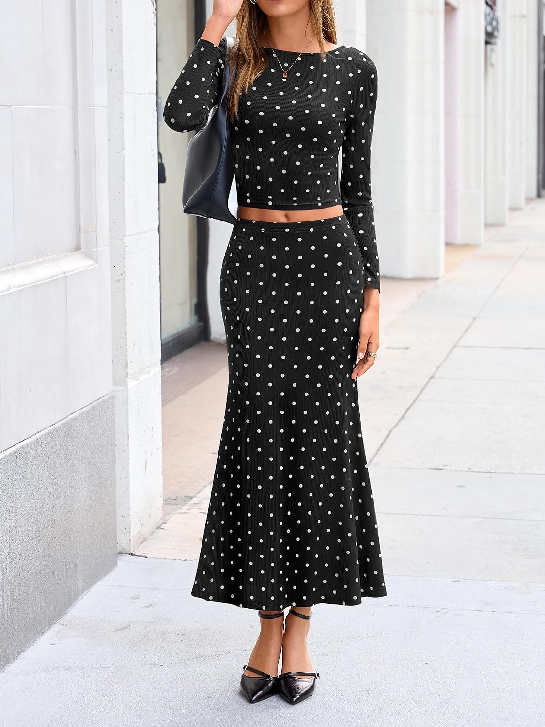 image:imageBTFBM Polka Dot Skirt Matching Sets Women Clothing Fall 2 Piece OutfitsDot Black White