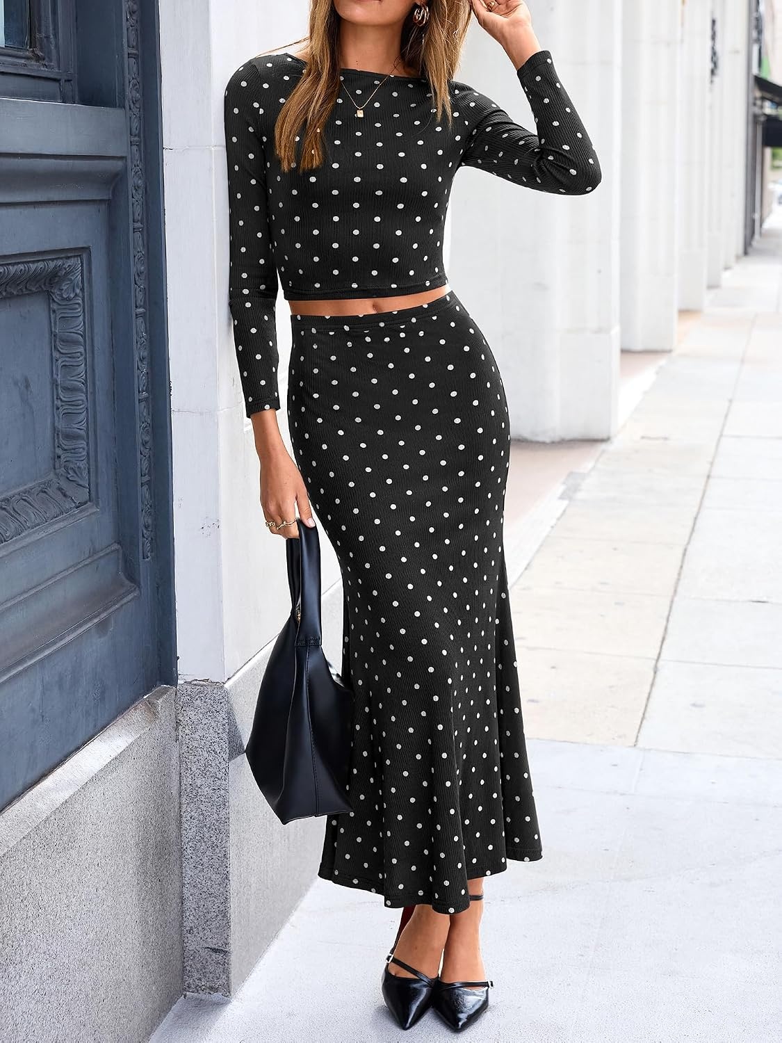 image:imageBTFBM Polka Dot Skirt Matching Sets Women Clothing Fall 2 Piece OutfitsDot Black White