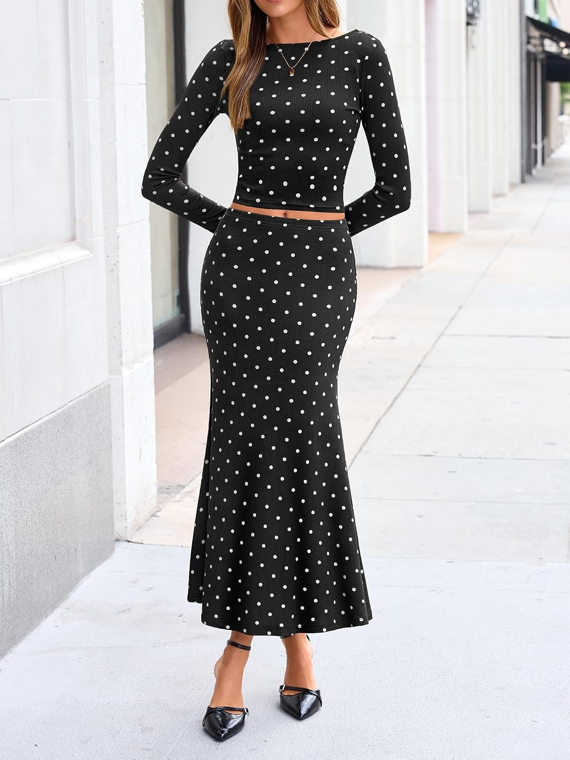 image:imageBTFBM Polka Dot Skirt Matching Sets Women Clothing Fall 2 Piece OutfitsDot Black White