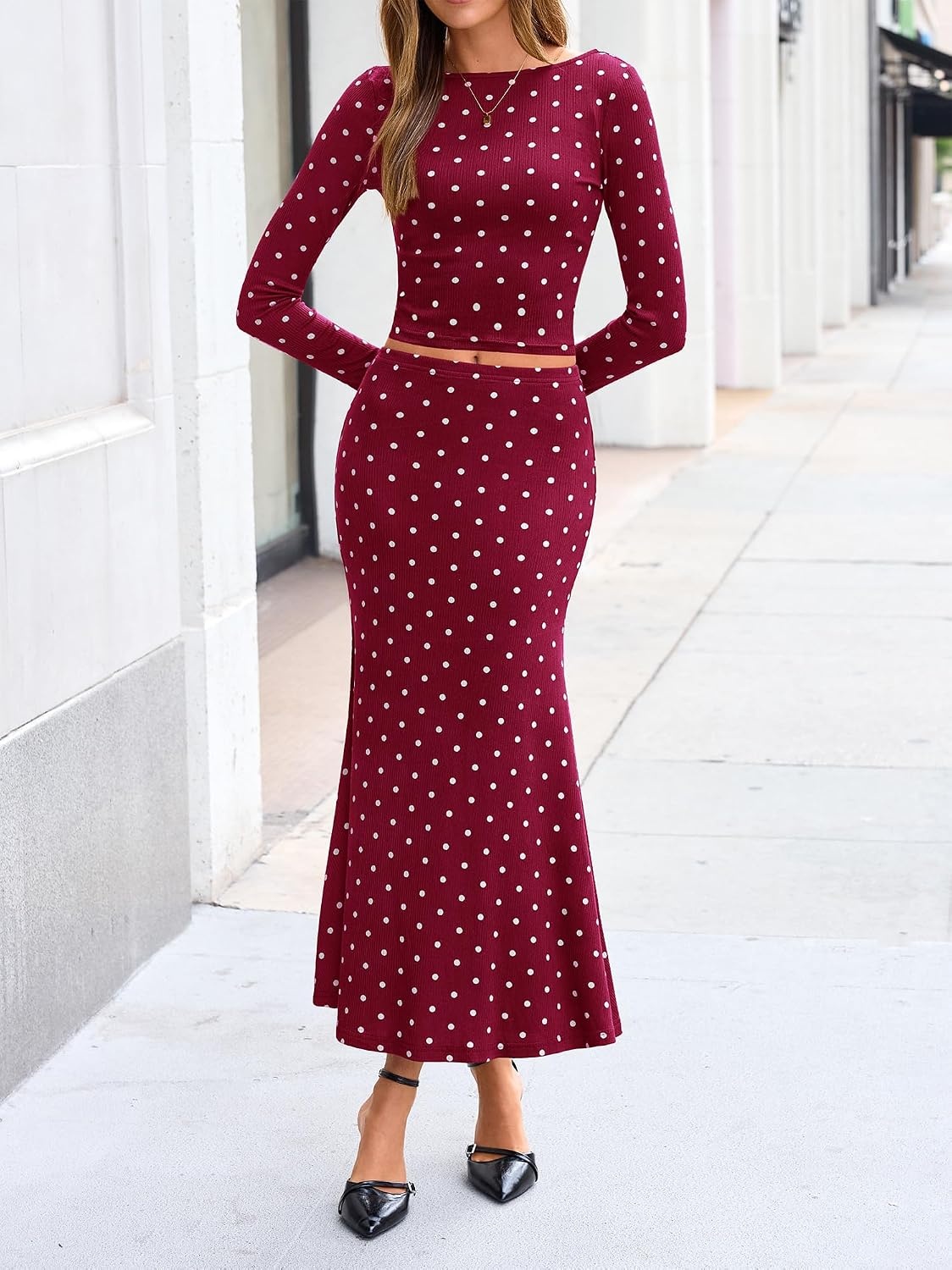 image:imageBTFBM Polka Dot Skirt Matching Sets Women Clothing Fall 2 Piece OutfitsDot Burgundy White