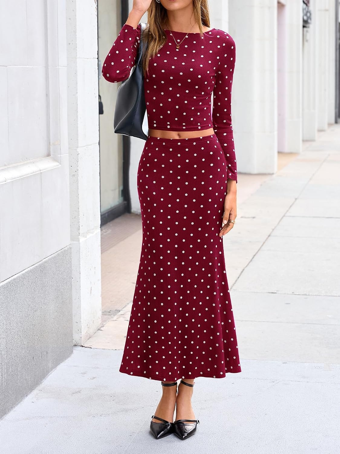image:imageBTFBM Polka Dot Skirt Matching Sets Women Clothing Fall 2 Piece OutfitsDot Burgundy White