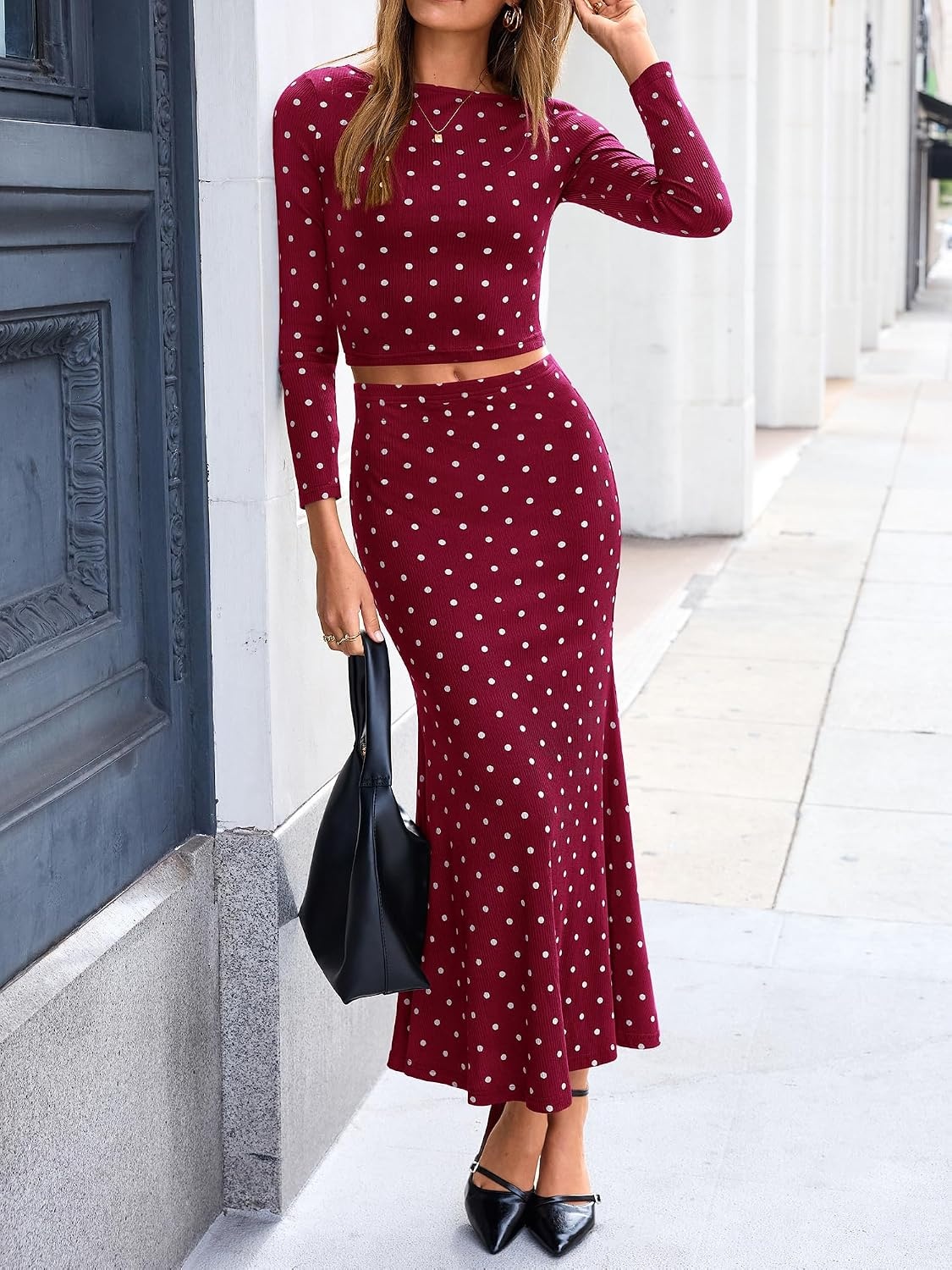 image:imageBTFBM Polka Dot Skirt Matching Sets Women Clothing Fall 2 Piece OutfitsDot Burgundy White