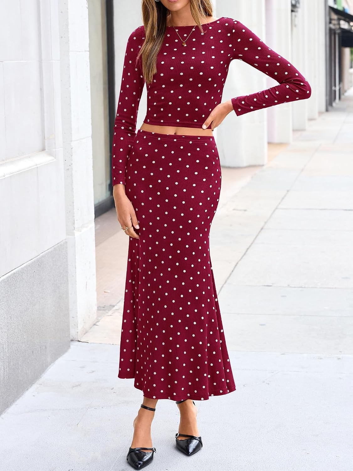 image:imageBTFBM Polka Dot Skirt Matching Sets Women Clothing Fall 2 Piece OutfitsDot Burgundy White