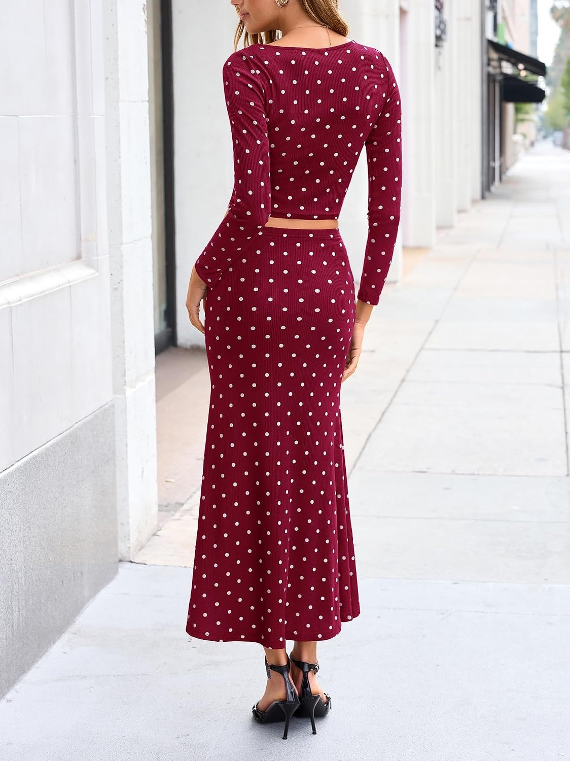 image:imageBTFBM Polka Dot Skirt Matching Sets Women Clothing Fall 2 Piece OutfitsDot Burgundy White