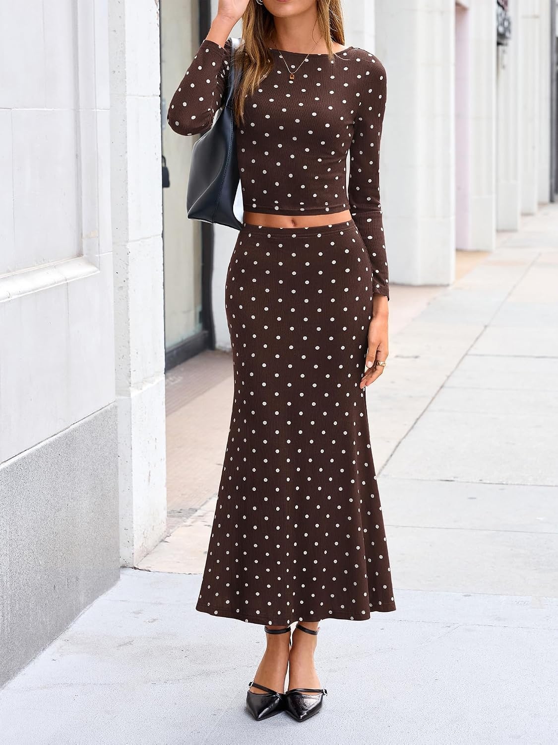 image:imageBTFBM Polka Dot Skirt Matching Sets Women Clothing Fall 2 Piece OutfitsDot Coffee White
