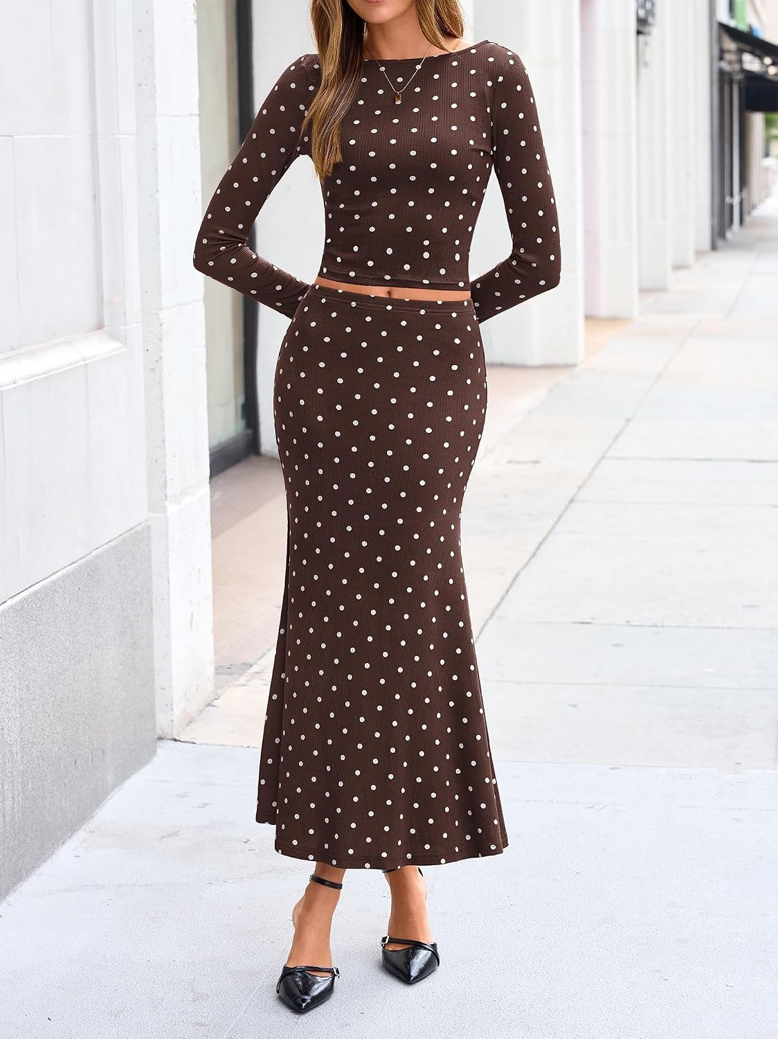 image:imageBTFBM Polka Dot Skirt Matching Sets Women Clothing Fall 2 Piece OutfitsDot Coffee White