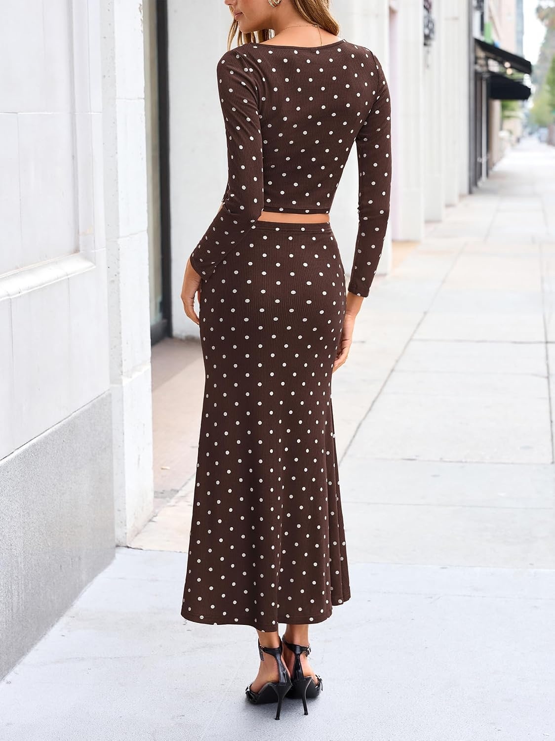 image:imageBTFBM Polka Dot Skirt Matching Sets Women Clothing Fall 2 Piece OutfitsDot Coffee White